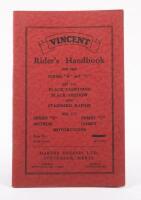 An original tenth edition from 1960 of the Vincent Motorcycles Rider's Handbook, with 'Conway Motors, Shepards Bush' stamp to title page