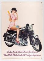 An original Chico Roll 'Dollar for Dollar, Ounce for Ounce' advertising poster featuring a lady on a Vincent motorcycle, 76cm high, 55cm wide