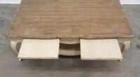 COFFEE TABLE: A rustic styled low coffee table, with cabriole style legs and carved detailing to the apron, measures 140cm wide, 91cm deep, 46cm high - 2