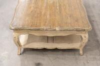 COFFEE TABLE: A rustic styled low coffee table, with cabriole style legs and carved detailing to the apron, measures 140cm wide, 91cm deep, 46cm high - 5