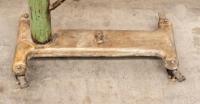 BED TABLE: An industrial style work/bed table on a cast iron base, featuring pipe wrench and chain support, mounted to small castor wheels, 93cm high, 120cm wide&nbsp;&nbsp; - 5