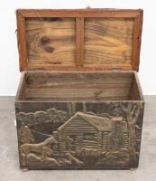 TIMBER BOX: A circa 1940s/1950s fireplace timber box with embossed copper front with log cabin scene, grape detailed handles, upholstered top, measures 53cm high, 75cm wide, 39cm deep - 2