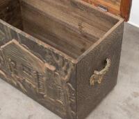 TIMBER BOX: A circa 1940s/1950s fireplace timber box with embossed copper front with log cabin scene, grape detailed handles, upholstered top, measures 53cm high, 75cm wide, 39cm deep - 3