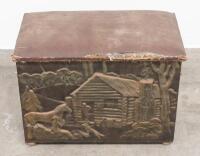 TIMBER BOX: A circa 1940s/1950s fireplace timber box with embossed copper front with log cabin scene, grape detailed handles, upholstered top, measures 53cm high, 75cm wide, 39cm deep