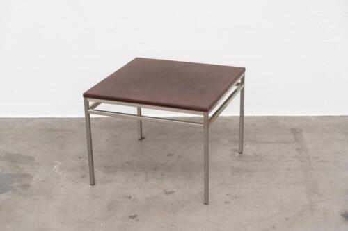 COFFEE TABLE: A mid century modern styled square coffee/side table, metal framed with leather upholstered top, 48cm high, 60cm wide, 60cm deep