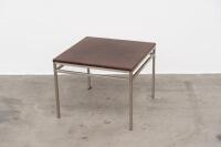 COFFEE TABLE: A mid century modern styled square coffee/side table, metal framed with leather upholstered top, 48cm high, 60cm wide, 60cm deep