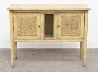 SIDEBOARD: A modern timber sideboard in rustic style with ornate detailing to cabinetry doors, 93cm high, 122cm wide, 44cm deep