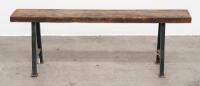 BENCH: A small hardwood timber bench with steel 'A frame' legs, 46cm high, 131cm wide