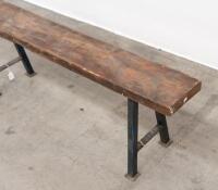 BENCH: A small hardwood timber bench with steel 'A frame' legs, 46cm high, 131cm wide - 2