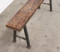 BENCH: A small hardwood timber bench with steel 'A frame' legs, 46cm high, 131cm wide - 3