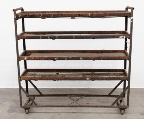 107A · TROLLEY: A large steel framed trolley with timber shelving, 132cm high, 138cm wide, 38cm deep