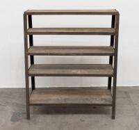 STORAGE UNIT: A large steel framed industrial storage rack/unit with timber shelving, 126cm high, 106.5cm wide, 46cm deep at widest point&nbsp;