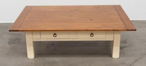 110A · COFFEE TABLE: A large timber coffee table with drawers to lower, 47cm high, 150cm wide, 105cm deep