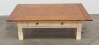 COFFEE TABLE: A large timber coffee table with drawers to lower, 47cm high, 150cm wide, 105cm deep
