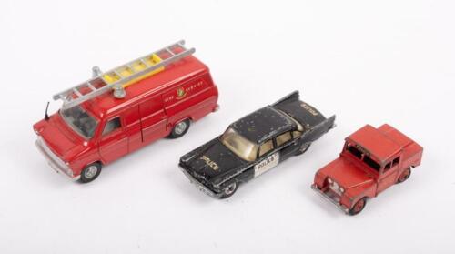 DINKY: A group of three Dinky Toys emergency models, including a Desoto Fireflite police car, No.255 Mersey Tunnel Police Land Rover, and a Ford Transit Fire Service Van
