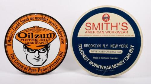SIGNS: Two signs, including a reproduction enamel Oilzum Motor Oils round sign, and a Smith's American Workwear tin sign, largest measures 33cm in diameter