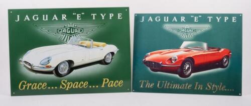 JAGUAR: Two modern Jaguar 'E' Type tin signs, largest measures 32cm high, 44.5cm wide