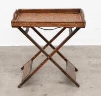 SERVING TABLE: A small portable timber serving table with woven timber tray to top, measures approximately 67cm high, 62cm wide, 45cm deep overall