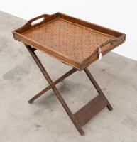 SERVING TABLE: A small portable timber serving table with woven timber tray to top, measures approximately 67cm high, 62cm wide, 45cm deep overall - 2