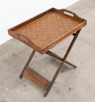 SERVING TABLE: A small portable timber serving table with woven timber tray to top, measures approximately 67cm high, 62cm wide, 45cm deep overall - 3