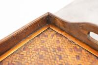 SERVING TABLE: A small portable timber serving table with woven timber tray to top, measures approximately 67cm high, 62cm wide, 45cm deep overall - 4