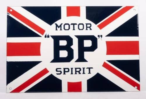 BP: A reproduction enamel BP Motor Spirit enamel sign, 31.5cm high, 48cm wide