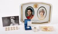 ROYALS: A group of items relating to the Royals, including an original tray commemorating the marriage of Charles and Diana, a fine bone china trinket box, stamps, a postcard&nbsp;and a coin