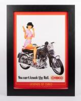 A later production of the Chiko roll ' You can't knock the Roll.' Legends of Chiko Limited Edition advertising poster featuring a lady on a Vincent Motorcycle, framed and glazed, 68cm high, 51cm wide
