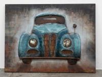 SIGN: A modern 3D metal construction artwork depicting a BMW 328, measures 90cm high, 120cm wide