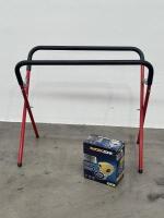 WORK STAND: A folding automotive work stand, along with a Workzone retractable air hose reel in box