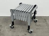ROLLER TABLE: An&nbsp;adjustable,&nbsp;expandable roller conveyor style table on wheels, 60cm wide in folded position, approx 145cm fully extended - 3