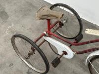 TRIKE: A c1960s-1970s children's trike in red with white guard and pinstriping details, measures approx 74cm high, 105cm long - 2