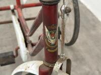 TRIKE: A c1960s-1970s children's trike in red with white guard and pinstriping details, measures approx 74cm high, 105cm long - 3