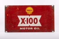 SHELL: A c1970s Shell 'X-100' Motor Oil rack sign, 26.5cm high, 48.5cm wide