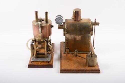 DONKEY ENGINE: Two brass donkey engines mounted to timber bases, each measuring approximately 24cm high
