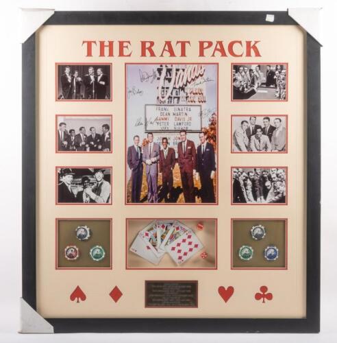 RAT PACK: A framed collage featuring photos and themed items commemorating 'The Rat Pack', framed and glazed 87cm high, 81cm wide