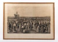 DERBY: A 1970 released&nbsp;limited edition (815/1000)&nbsp;lithograph print by A.E. Keating titled 'The Derby Day at Flemmington 1886', framed and glazed, 52.5cm high, 73cm wide