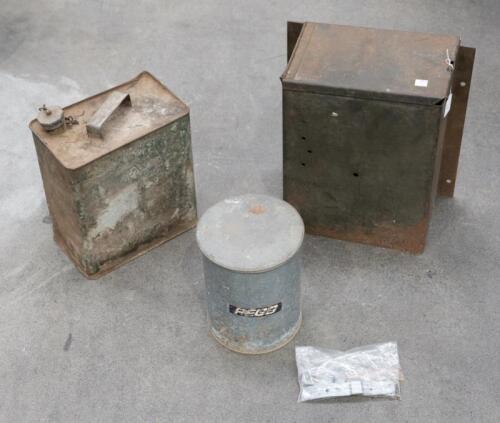 TINS: Three various items, including a two gallon running board tin, a small galvinised bucket with lid, and a wall mountable chest