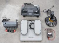 FLIGHT SIMULATOR: A group of flight simulator computer gaming devices, includes CH Products 'Flight Sim Yoke', 'Throttle Quadrant', 'Pro Pedals', and a Thrustmaster joystick