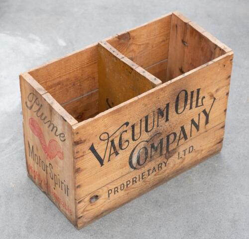 PLUME: A Vacuum Oil Company 'Plume Motor Spirit' timber oil tin box, 37cm high, 53cm wide, 26cm deep
