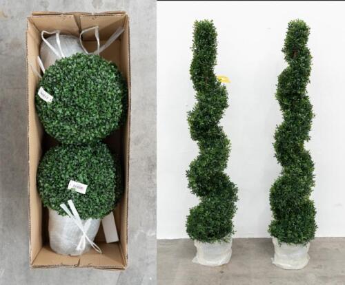 DECORATIVE PLANTS: Four new in box decorative plastic plants, including two potted topiary plants, along with two tall potted spiral topiary plants