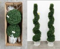 DECORATIVE PLANTS: Four new in box decorative plastic plants, including two potted topiary plants, along with two tall potted spiral topiary plants