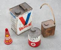 OIL RELATED: A group of oil related items, including a Valvoline one gallon tin, a small Pyrenne fire extinguisher&nbsp;refill tin, a Caltex one quart tin and a plastic Shell X-100 30/40 motor oil pourer