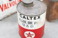 OIL RELATED: A group of oil related items, including a Valvoline one gallon tin, a small Pyrenne fire extinguisher&nbsp;refill tin, a Caltex one quart tin and a plastic Shell X-100 30/40 motor oil pourer - 2