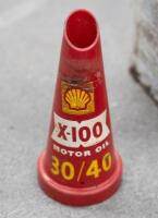 OIL RELATED: A group of oil related items, including a Valvoline one gallon tin, a small Pyrenne fire extinguisher&nbsp;refill tin, a Caltex one quart tin and a plastic Shell X-100 30/40 motor oil pourer - 3