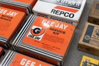 PARTS: A group lot containing six assorted c1960s-1970s part tins with contents, includes 'Gee-Jay' and 'Repco' kits, along with other boxed parts - 2