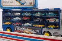 TOY CARS: A large group of toy cars, including a transporter containing various vehicles,&nbsp;along with a small carry case and sections of track pieces. Toy vehicles from brands such as Hot Wheels & Matchbox - 2