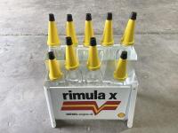 OIL BOTTLE RACK: A reproduction Shell Rimula X&nbsp;motor oil rack with a collection of 7 one-litre and 2 500ml bottles, along with yellow plastic tops and caps [Location: Sydney]