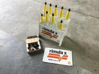 OIL BOTTLE RACK: A reproduction Shell Rimula X&nbsp;motor oil rack with a collection of 7 one-litre and 2 500ml bottles, along with yellow plastic tops and caps [Location: Sydney] - 2