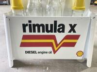 OIL BOTTLE RACK: A reproduction Shell Rimula X&nbsp;motor oil rack with a collection of 7 one-litre and 2 500ml bottles, along with yellow plastic tops and caps [Location: Sydney] - 3